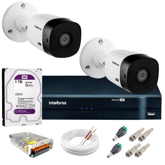 Kit Intelbras 2 Câmeras HD 720p VHL 1120 B + DVR 1104 Intelbras com HD 1TB + Acessórios