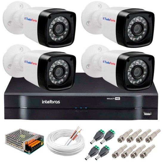 Kit 4 Câmeras Tudo Forte Full HD 1080 Lite + DVR Intelbras - Câmeras com 25m Infravermelho de Visão Noturna + Fonte, Cabos e Acessórios