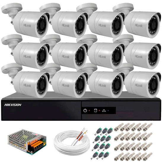 Kit 12 Câmeras + DVR Hikvision + Fonte, Cabos e Acessórios - Câmeras Hilook THC B120C-P Full HD 1080 Lite 20m Infra e Visão Noturna