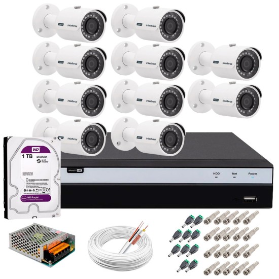 Kit 10 Câmeras de Segurança 4MP 2k Intelbras VHD 3430 B + DVR Intelbras 4K + HD 1TB + Acessórios