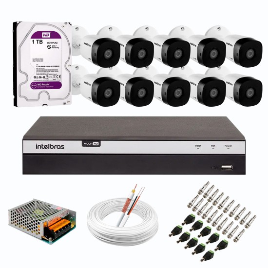 Kit 10 Câmeras de Segurança Full HD Intelbras VHD 1220 B G6 + DVR Intelbras 16 Canais Full HD MHDX 3116 + HD WD Purple 1TB + Acessórios