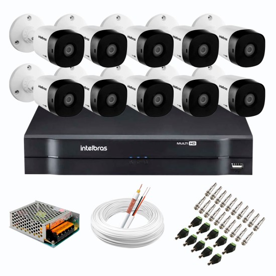 Kit 10 Câmeras de Segurança Full HD 1080p VHD 1220 B G6 + DVR Intelbras MHDX 1116 de 16 Canais 1080p Lite + Acessórios