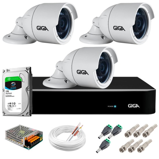 Kit 3 Câmeras 5MP + DVR Giga + HD 1TB + App de Monitoramento, Câmeras 30m Infravermelho de Visão Noturna Giga Security GS0047 Completo com Acessórios