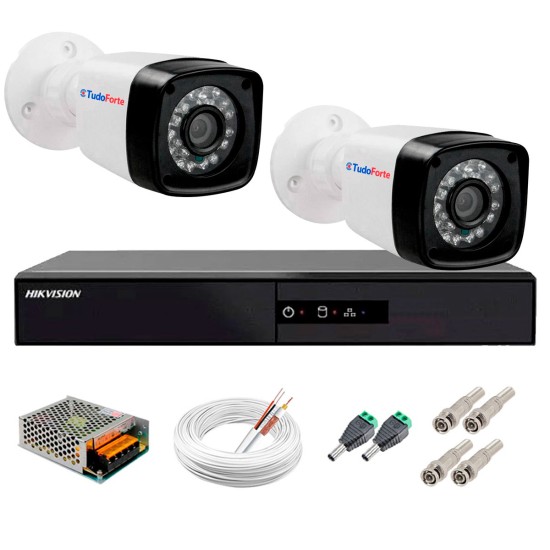 Kit 2 Câmeras + DVR Hikvision + App de Monitoramento, Câmeras Full HD 1080 Lite 25m Infravermelho de Visão Noturna Tudo Forte Completo com Acessórios