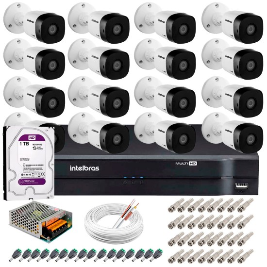 Kit 16 Câmeras VHD 1120 B G5 + DVR Intelbras + HD 1TB para + App Grátis de Monitoramento, HD 720p 20m Infravermelho + Cabos e Acessórios