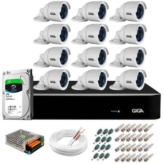 Kit 12 Câmeras 5MP + DVR Giga + HD 1TB + App de Monitoramento, Câmeras 30m Infravermelho de Visão Noturna Giga Security GS0047 Completo com Acessórios