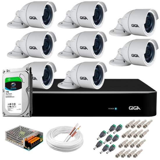 Kit 8 Câmeras 5MP + DVR Giga + HD 1TB + App de Monitoramento, Câmeras 30m Infravermelho de Visão Noturna Giga Security GS0047 Completo com Acessórios