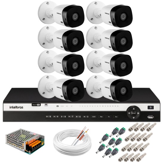 Kit 8 Câmeras 2K VHD 1420B + DVR Intelbras + App Grátis de Monitoramento, Câmeras 20m Infravermelho de Visão Noturna + Fonte, Cabos e Acessórios