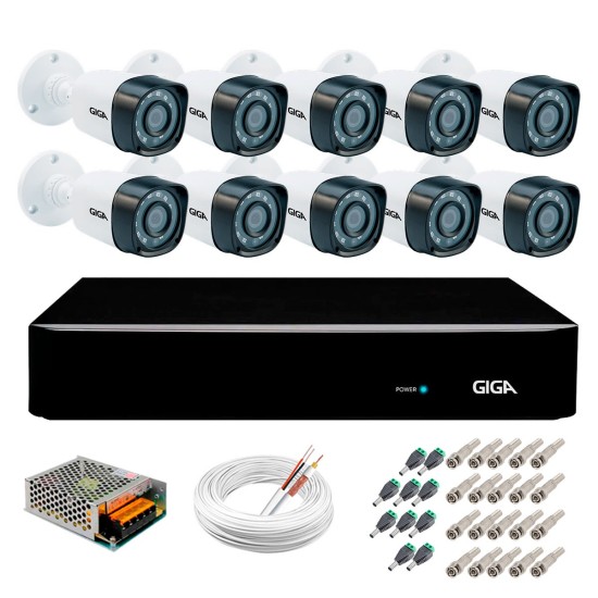 Kit 10 Câmeras de Segurança HD 720p Giga Security GS0018 + DVR Giga Security Multi HD + Acessórios