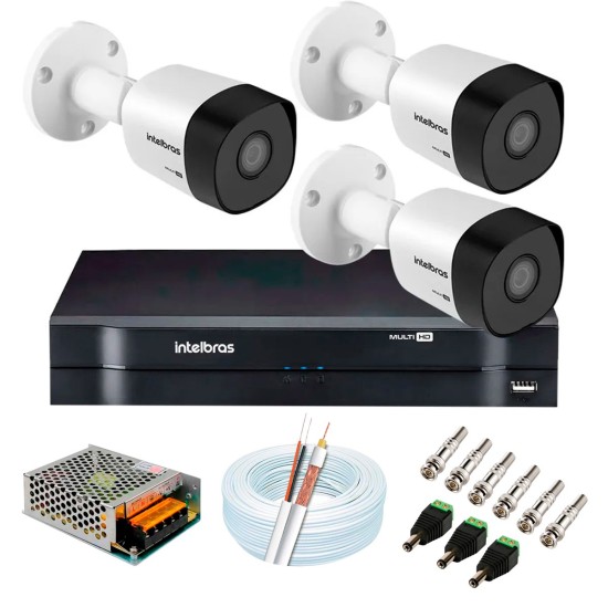 Kit 3 Câmeras VHD 3120 B G6 + DVR Intelbras + App Grátis de Monitoramento, Câmeras HD 720p 20m Infravermelho de Visão Noturna Intelbras + Fonte, Cabos e Acessórios