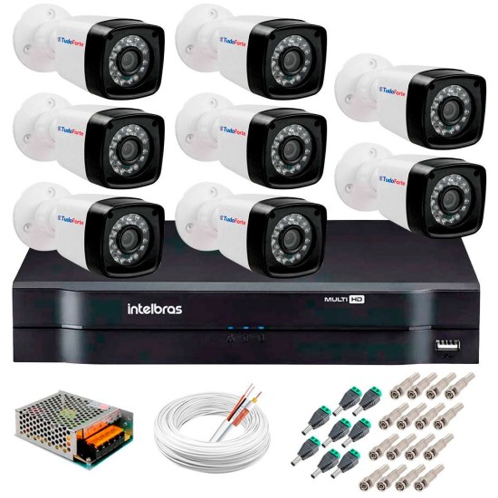 Kit 8 Câmeras Tudo Forte Full HD 1080 Lite + DVR Intelbras + Acessórios Completo - Câmeras com 25m Infravermelho de Visão Noturna