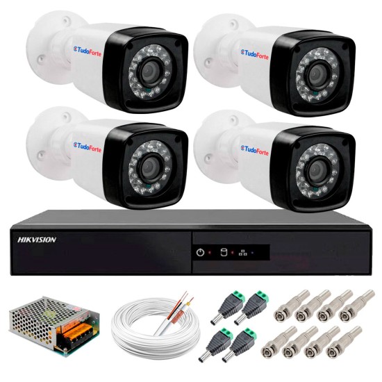 Kit 4 Câmeras + DVR Hikvision + App de Monitoramento, Câmeras Full HD 1080 Lite 25m Infravermelho de Visão Noturna Tudo Forte Completo com Acessórios