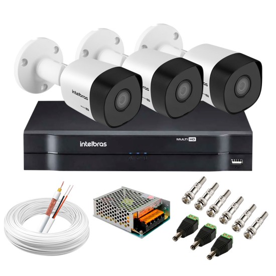 Kit 3 Câmeras VHD 3130 B G6 + DVR Intelbras + App Grátis de Monitoramento, Câmeras HD 720p 30m Infravermelho de Visão Noturna Intelbras + Fonte, Cabos e Acessórios