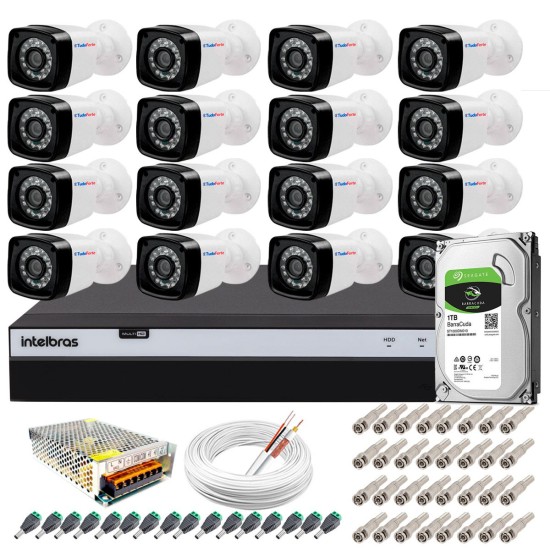 Kit 16 Câmeras + DVR Intelbras + HD 1 TB + App de Monitoramento, Câmeras Full HD 1080p 20m Infravermelho de Visão Noturna + Fonte, Cabos e Acessórios