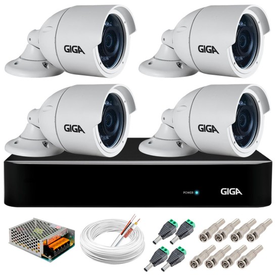 Kit 4 Câmeras 5MP + DVR Giga + App de Monitoramento, Câmeras 30m Infravermelho de Visão Noturna Giga Security GS0047 Completo com Acessórios