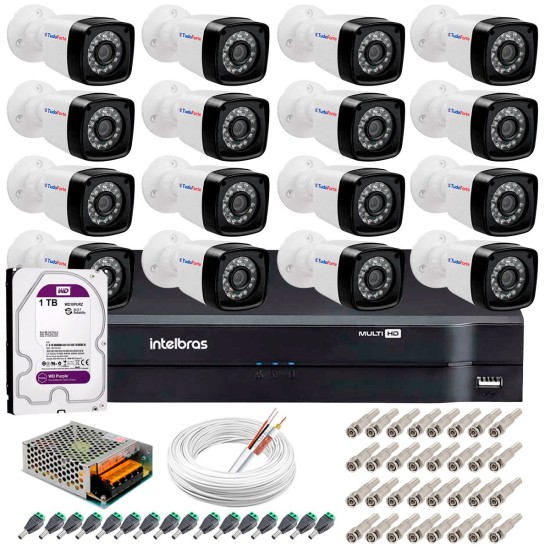 Kit 16 Câmeras Tudo Forte Full HD 1080 Lite + DVR Intelbras + Acessórios Completo - Câmeras com 25m Infravermelho de Visão Noturna