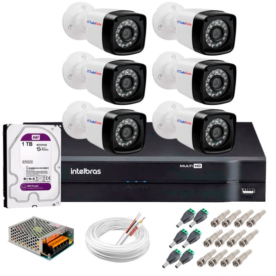 Kit 6 Câmeras Tudo Forte Full HD 1080 Lite + DVR Intelbras + Acessórios Completo - Câmeras com 25m Infravermelho de Visão Noturna