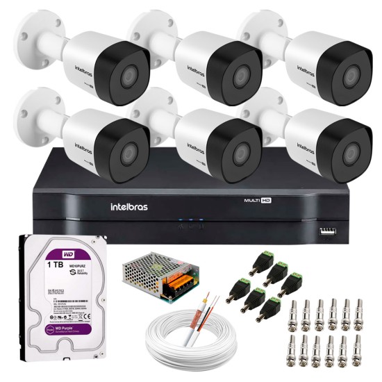 Kit 6 Câmeras VHD 3130 B G6 + DVR Intelbras + HD 1TB para Armazenamento + App Grátis de Monitoramento, Câmeras HD 720p 30m Infravermelho de Visão Noturna Intelbras + Fonte, Cabos e Acessórios