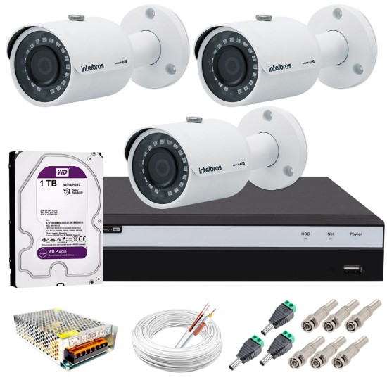 Kit 3 Câmeras de Segurança 4MP 2k Intelbras VHD 3430 B + DVR Intelbras 4K + HD WD Purple + Acessórios