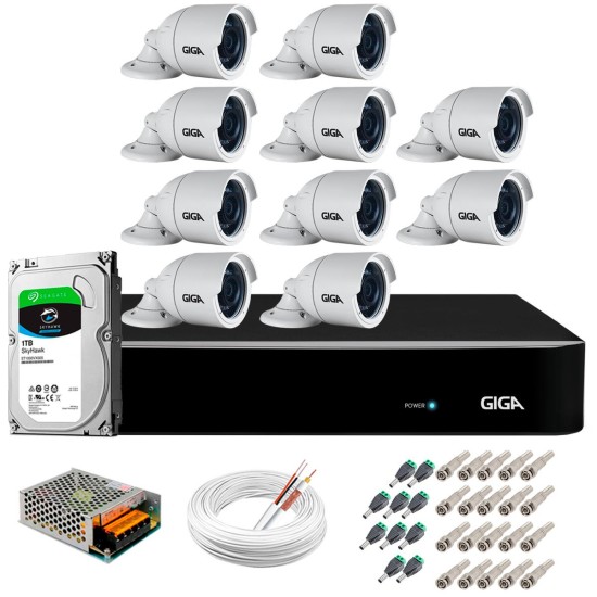 Kit 10 Câmeras 5MP + DVR Giga + HD 1TB + App de Monitoramento, Câmeras 30m Infravermelho de Visão Noturna Giga Security GS0047 Completo com Acessórios