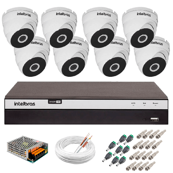 Kit 8 Câmeras VHD 3220 D G5 + DVR Intelbras + App Grátis de Monitoramento, Câmeras Full HD 1080p 20m Infravermelho de Visão Noturna Intelbras + Fonte, Cabos e Acessórios