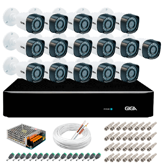 Kit 16 Câmeras de Segurança Full HD 1080p Giga Security gs0271 + DVR Giga Security 2MP + Acessórios