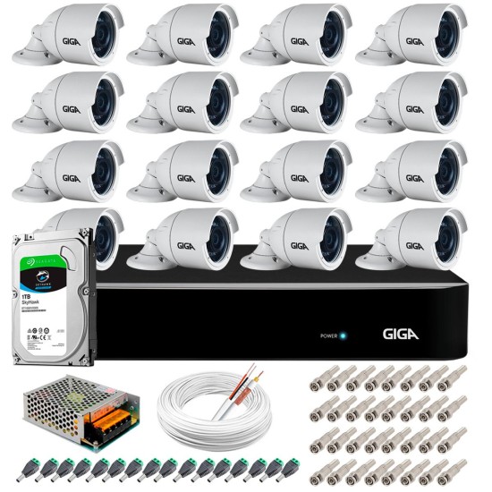 Kit 16 Câmeras 5MP + DVR Giga + HD 1TB + App de Monitoramento, Câmeras 30m Infravermelho de Visão Noturna Giga Security GS0047 Completo com Acessórios