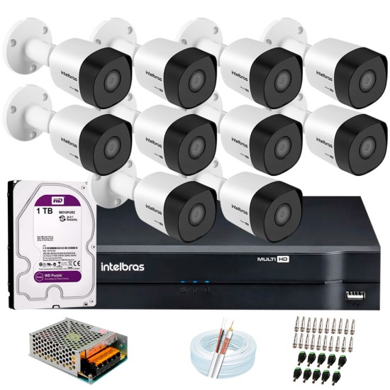 Kit 10 Câmeras VHD 3120 B G6 + DVR Intelbras + HD 1TB + App Grátis de, HD 720p 20m Infravermelho + Cabos e Acessórios