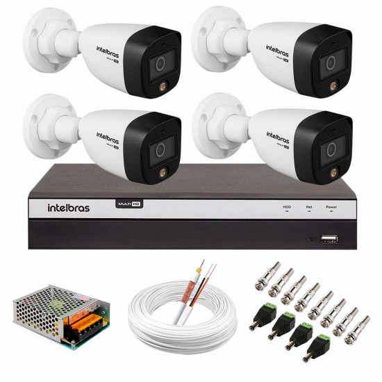 Kit 4 Câmeras de Segurança VHD 1220 B Full Color de Alta Definição Full HD 1080p + DVR Intelbras Full HD MHDX 3104 de 04 Canais + Acessórios