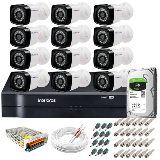 Kit 12 Câmeras + DVR Intelbras + HD 1 TB + App de Monitoramento, Câmeras HD 720p 20m Infravermelho de Visão Noturna + Fonte, Cabos e Acessórios