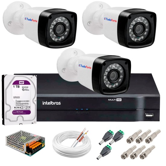 Kit 3 Câmeras Tudo Forte Full HD 1080 Lite + DVR Intelbras + Acessórios Completo - Câmeras com 25m Infravermelho de Visão Noturna