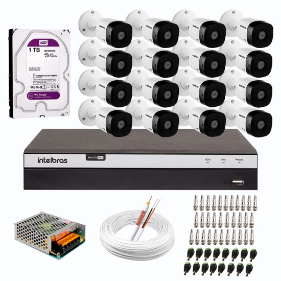 Kit 16 Câmeras de Segurança Full HD Intelbras VHD 1220 B G6 + DVR Intelbras 16 Canais Full HD MHDX 3116 + HD WD Purple 1TB + Acessórios