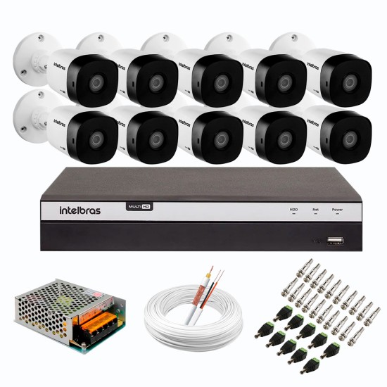 Kit 10 Câmeras de Segurança Full HD Intelbras VHD 1220 B G6 + DVR Intelbras Full HD MHDX 3116 de 16 Canais + Acessórios