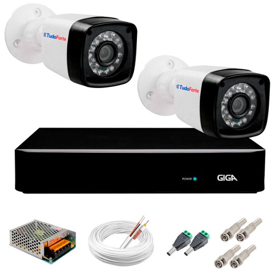 Kit 02 Câmeras Full HD 1080p Full HD 1080p + DVR Giga Security + App Grátis de Monitoramento, Câmeras 20m Infravermelho de Visão Noturna + Fonte, Cabos e Acessórios