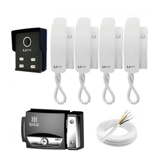 Kit Porteiro Eletrônico Completo 4 Pontos Lider + 4 Monofones + Fechadura + Cabo + Fonte