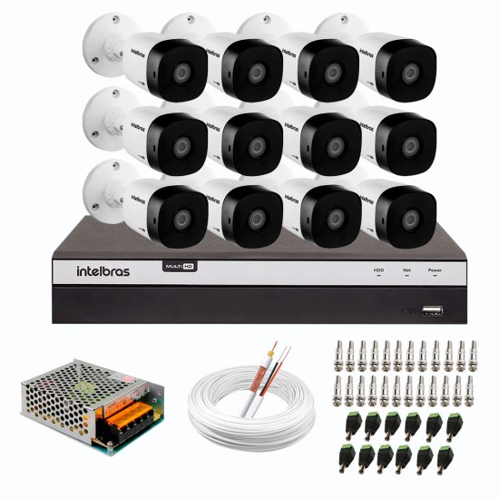 Kit 12 Câmeras de Segurança Full HD Intelbras VHD 1220 B G6 + DVR Intelbras Full HD MHDX 3116 de 16 Canais + Acessórios