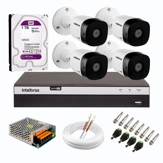 Kit 4 Câmeras de Segurança Full HD Intelbras VHD 1220 B G6 + DVR Intelbras 08 Canais Full HD MHDX 3108 + HD WD Purple 1TB + Acessórios