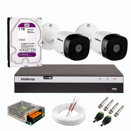 Kit 2 Câmeras de Segurança Full HD Intelbras VHD 1220 B G6 + DVR Intelbras 08 Canais Full HD MHDX 3108 + HD WD Purple 1TB + Acessórios