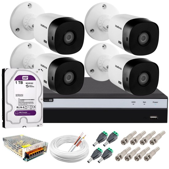 Kit Intelbras 4 Câmeras Full HD 1080p VHL 1220 B + DVR MHDX 3104 Intelbras com HD 1TB + Acessórios 10634