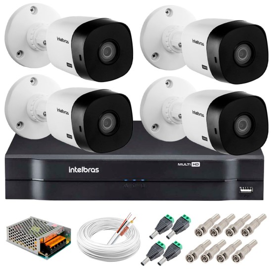 Kit 4 Câmeras Intelbras VHL 1220 B Full HD 1080 Lite + DVR Intelbras - Câmeras com 20m Infravermelho de Visão Noturna + Fonte, Cabos e Acessórios