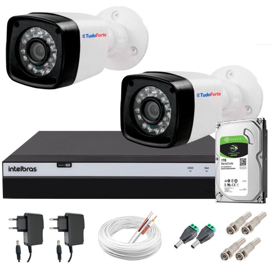 Kit 2 Câmeras + DVR Intelbras + HD 1 TB + App de Monitoramento, Câmeras Full HD 1080p 20m Infravermelho de Visão Noturna + Fonte, Cabos e Acessórios