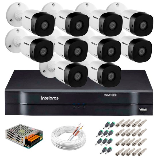 Kit 10 Câmeras VHD 1010 B G5 + DVR Intelbras + App Grátis de Monitoramento, HD 720p 10m Infravermelho + Cabos e Acessórios