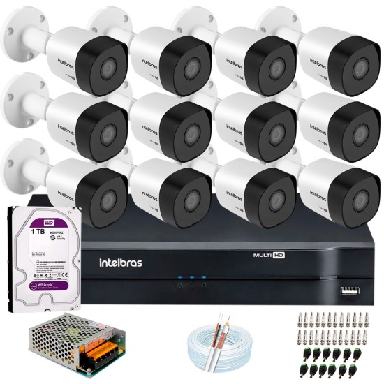 Kit 12 Câmeras VHD 3120 B G6 + DVR Intelbras + HD 1TB + App Grátis de Monitoramento, HD 720p 20m Infravermelho + Cabos e Acessórios