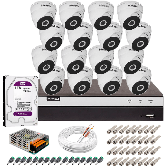 Kit 16 Câmeras VHD 3220 D G5 + DVRIntelbras + HD 1TB para Armazenamento + App Grátis de Monitoramento, Câmeras Full HD 1080p 20m Infravermelho de Visão Noturna Intelbras + Fonte, Cabos e Acessórios