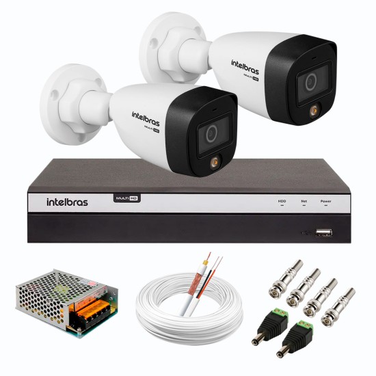 Kit 2 Câmeras de Segurança VHD 1220 B Full Color de Alta Definição Full HD 1080p + DVR Intelbras Full HD MHDX 3108 de 08 Canais + Conectores e Acessórios