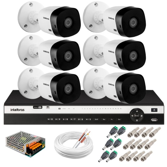 Kit 6 Câmeras 2K VHD 1420B + DVR Intelbras + App Grátis de Monitoramento, Câmeras 20m Infravermelho de Visão Noturna + Fonte, Cabos e Acessórios