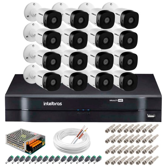 Kit 16 Câmeras VHD 1010 B G5 + DVR Intelbras + App Grátis de Monitoramento, HD 720p 10m Infravermelho + Cabos e Acessórios