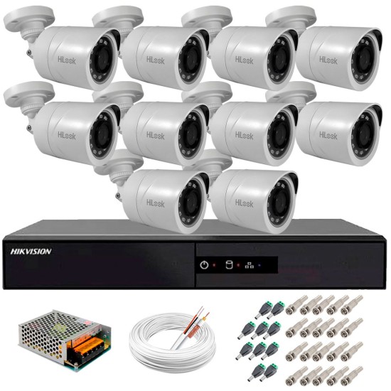 Kit 10 Câmeras + DVR Hikvision + Fonte, Cabos e Acessórios - Câmeras Hilook THC B120C-P Full HD 1080 Lite 20m Infra e Visão Noturna