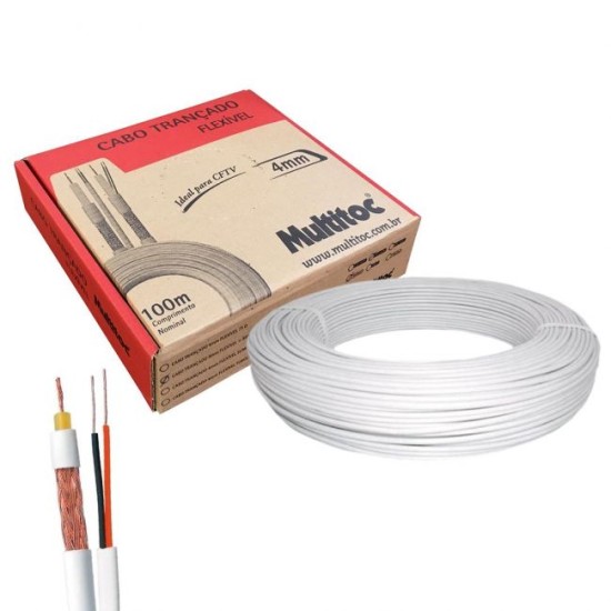 Cabo Coaxial RF 4mm Fexível c/ Bipolar Externo 80% Ideal p/ CFTV Rolo de 100 Metros - Multitoc