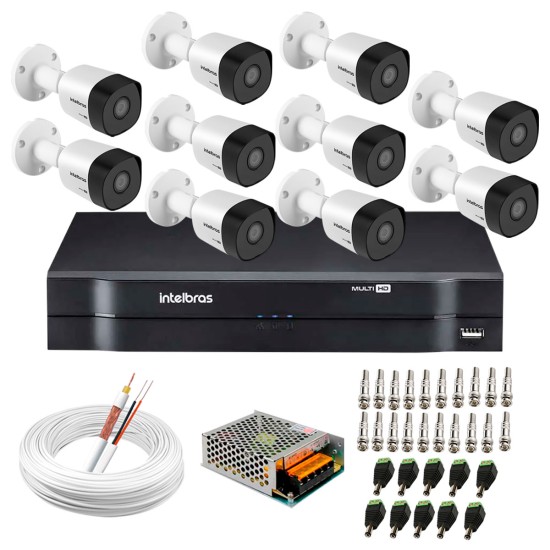 Kit 10 Câmeras VHD 3130 B G6 + DVR Intelbras + App Grátis de Monitoramento, Câmeras HD 720p 30m Infravermelho de Visão Noturna Intelbras + Fonte, Cabos e Acessórios